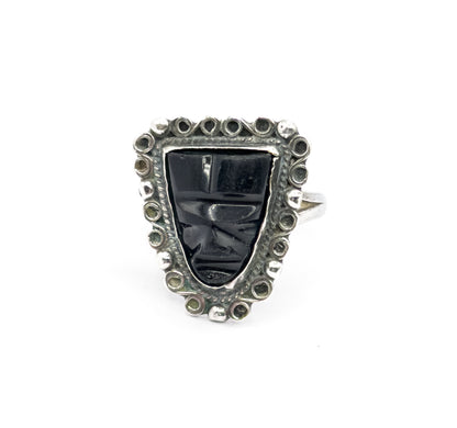 Mid-Century Mexican Onyx Face Shield Ring in Sterling Silver