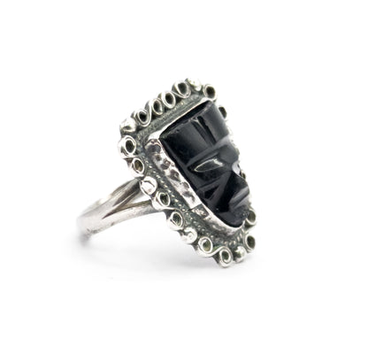 Mid-Century Mexican Onyx Face Shield Ring in Sterling Silver