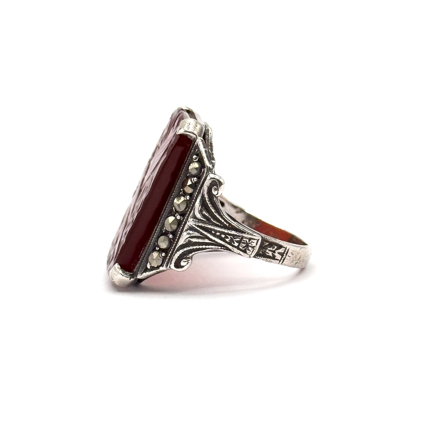 Art Deco Carnelian & Marcasite Ring in Sterling Silver