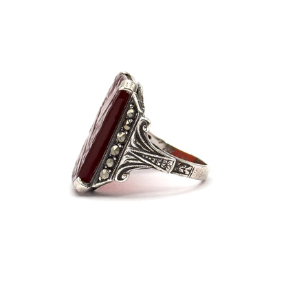 Art Deco Carnelian & Marcasite Ring in Sterling Silver