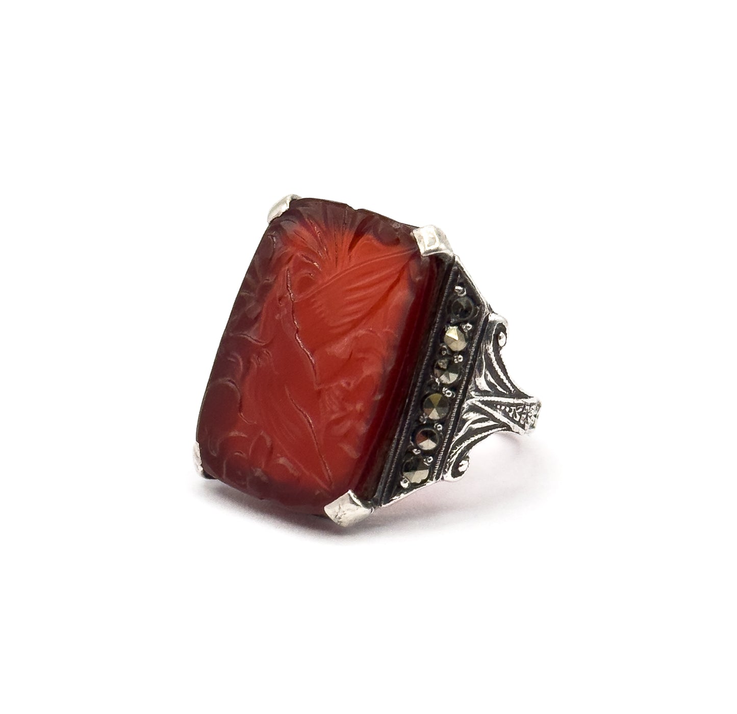 Art Deco Carnelian & Marcasite Ring in Sterling Silver