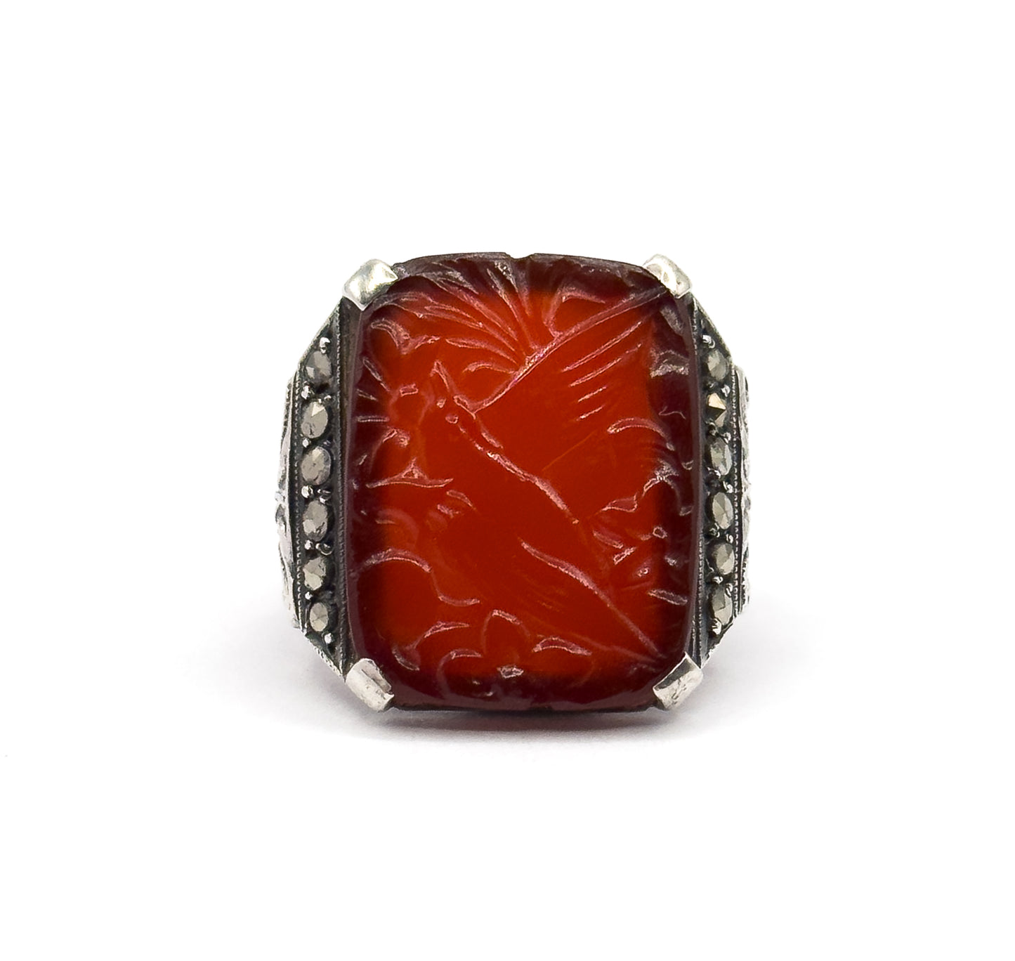 Art Deco Carnelian & Marcasite Ring in Sterling Silver