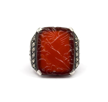Art Deco Carnelian & Marcasite Ring in Sterling Silver