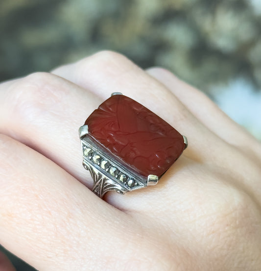 Art Deco Carnelian & Marcasite Ring in Sterling Silver