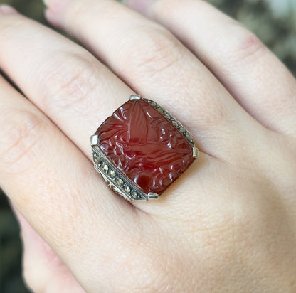 Art Deco Carnelian & Marcasite Ring in Sterling Silver