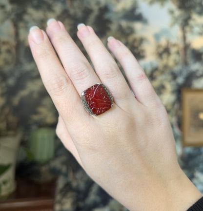 Art Deco Carnelian & Marcasite Ring in Sterling Silver