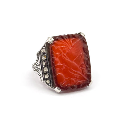 Art Deco Carnelian & Marcasite Ring in Sterling Silver