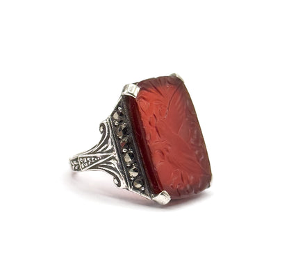 Art Deco Carnelian & Marcasite Ring in Sterling Silver