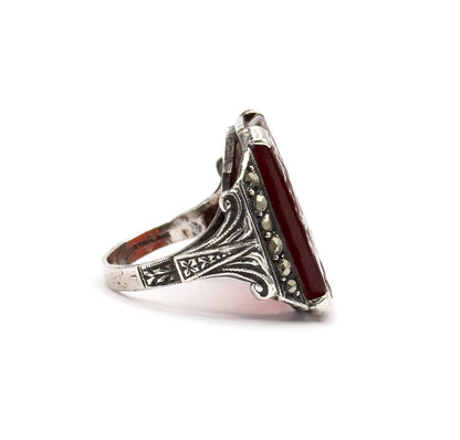 Art Deco Carnelian & Marcasite Ring in Sterling Silver