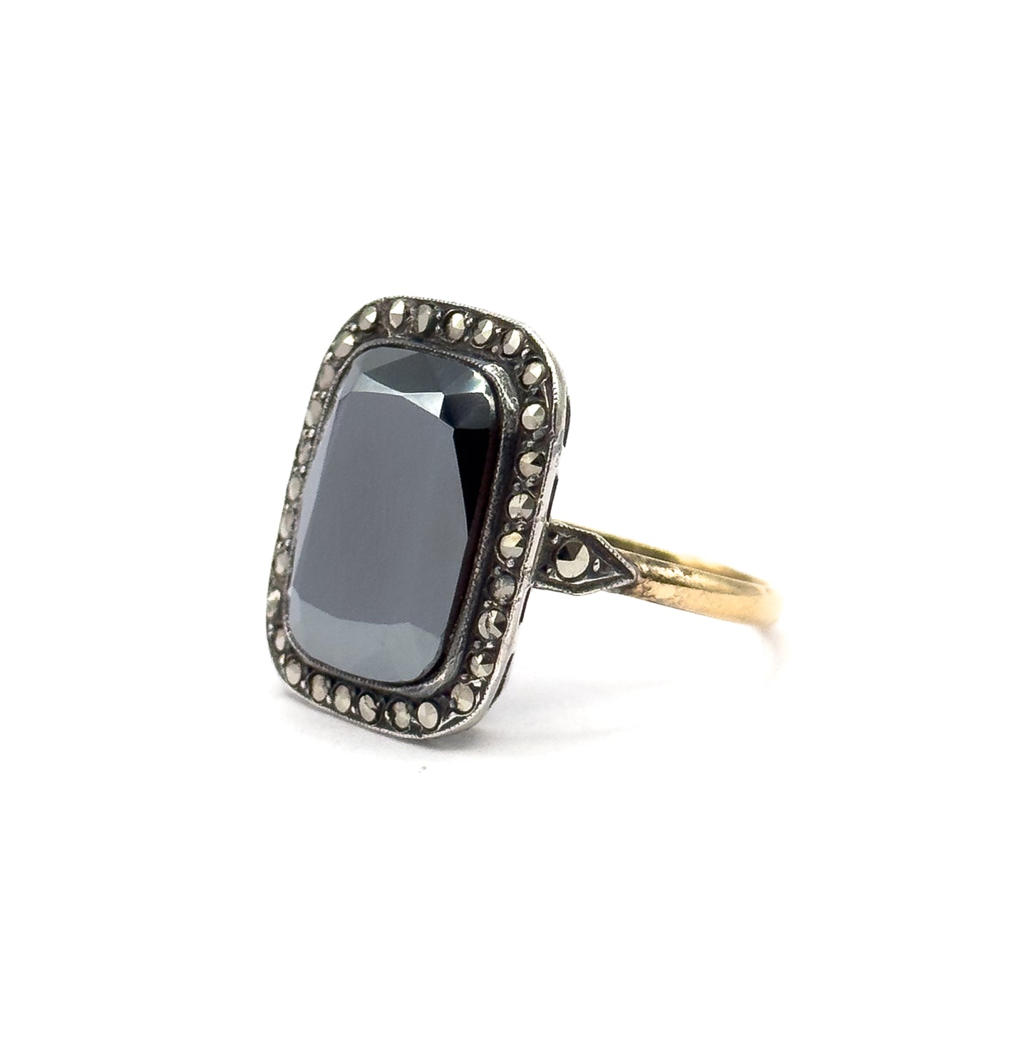 Art Deco Hematite & Marcasite Ring in Sterling Silver with gold shank, As found