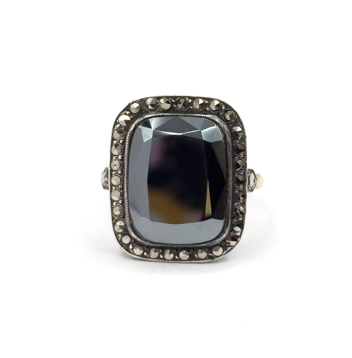 Art Deco Hematite & Marcasite Ring in Sterling Silver with gold shank, As found