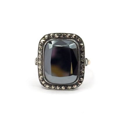 Art Deco Hematite & Marcasite Ring in Sterling Silver with gold shank, As found