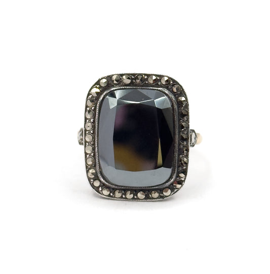 Art Deco Hematite & Marcasite Ring in Sterling Silver with gold shank, As found