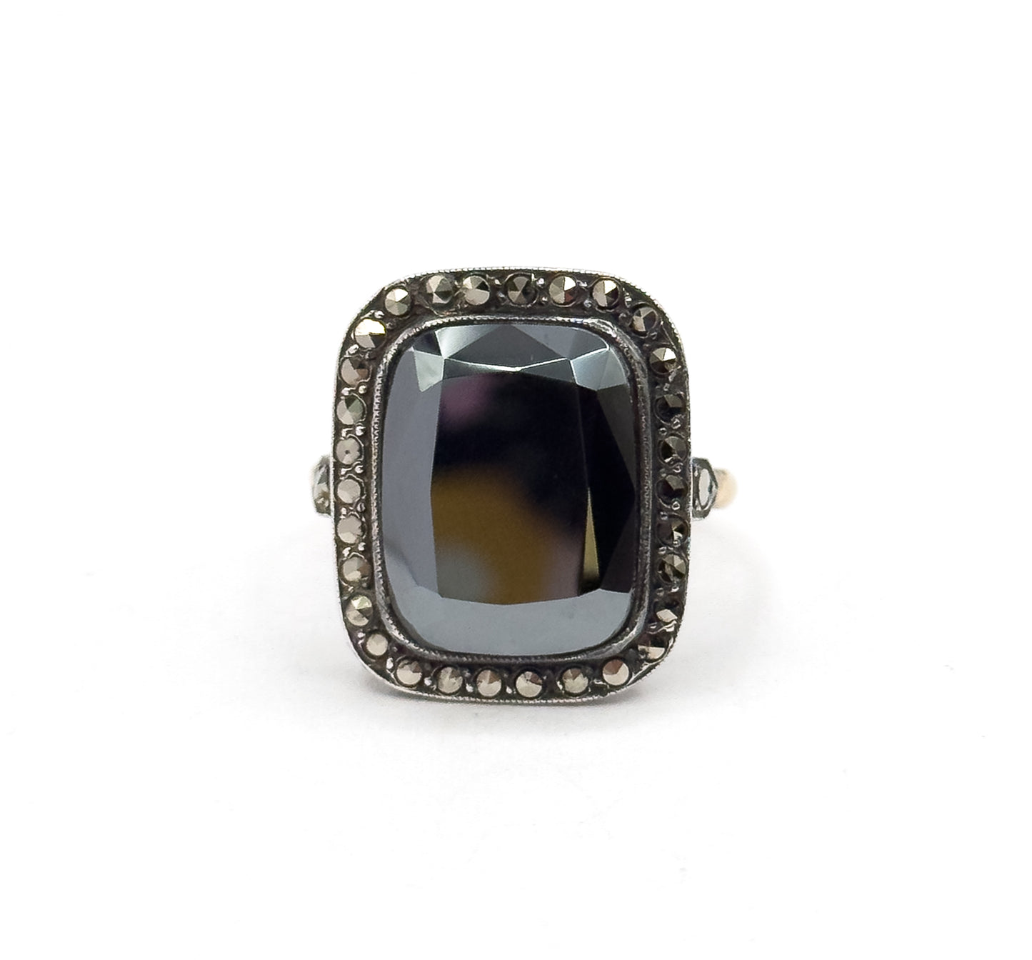 Art Deco Hematite & Marcasite Ring in Sterling Silver with gold shank, As found