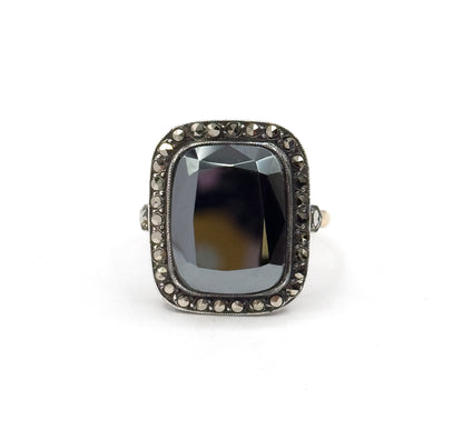 Art Deco Hematite & Marcasite Ring in Sterling Silver with gold shank, As found