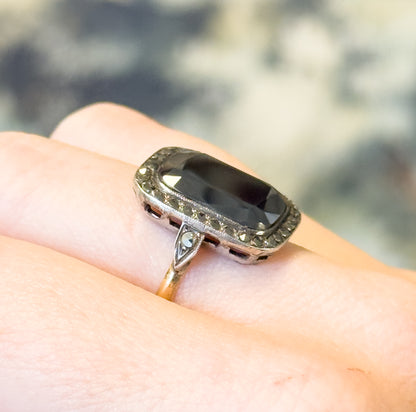 Art Deco Hematite & Marcasite Ring in Sterling Silver with gold shank, As found