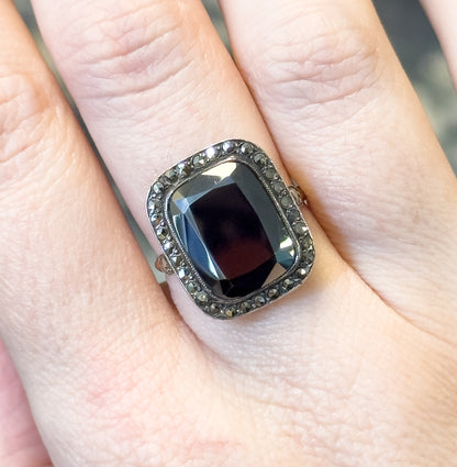 Art Deco Hematite & Marcasite Ring in Sterling Silver with gold shank, As found