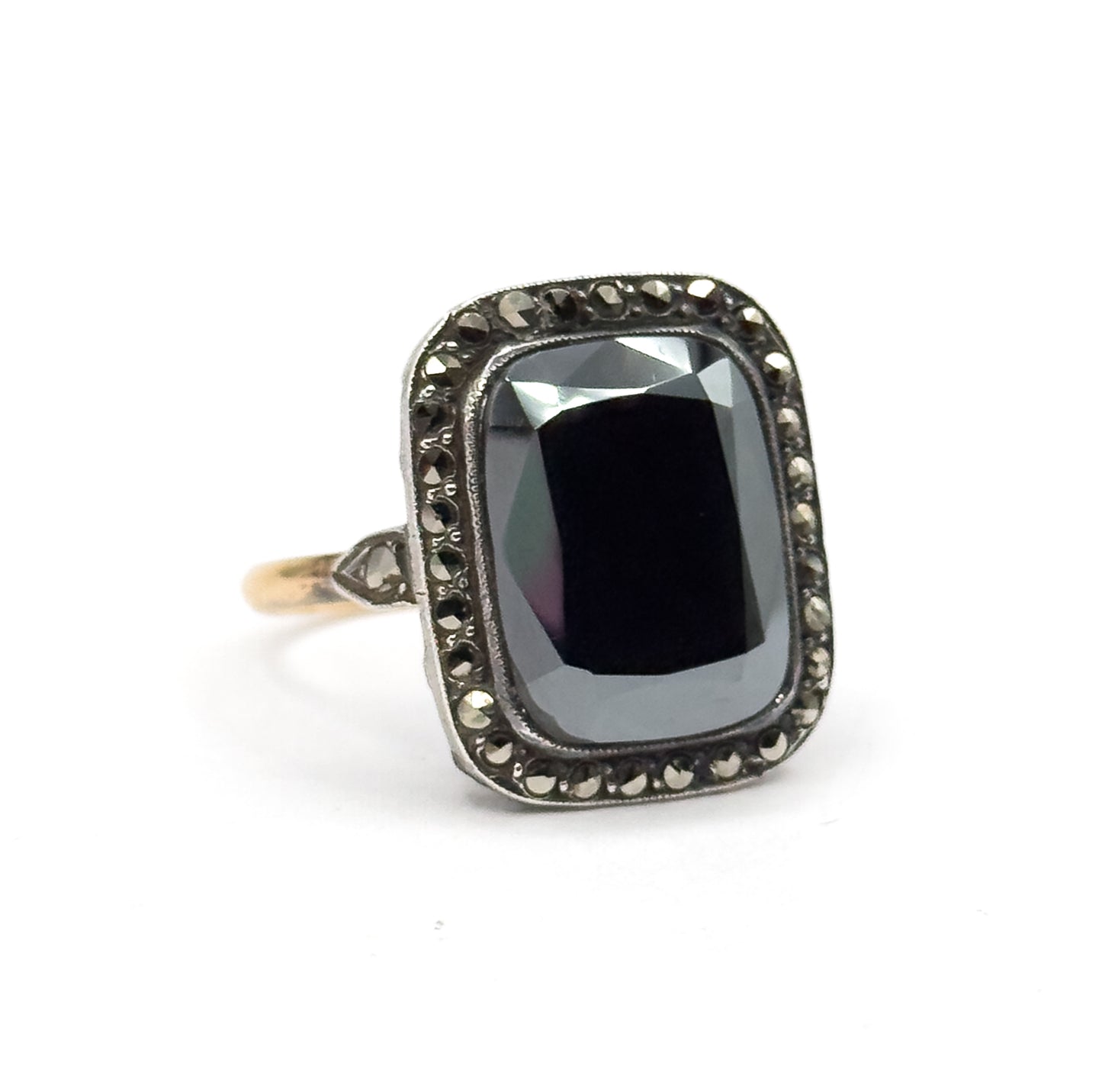 Art Deco Hematite & Marcasite Ring in Sterling Silver with gold shank, As found