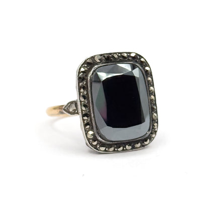 Art Deco Hematite & Marcasite Ring in Sterling Silver with gold shank, As found
