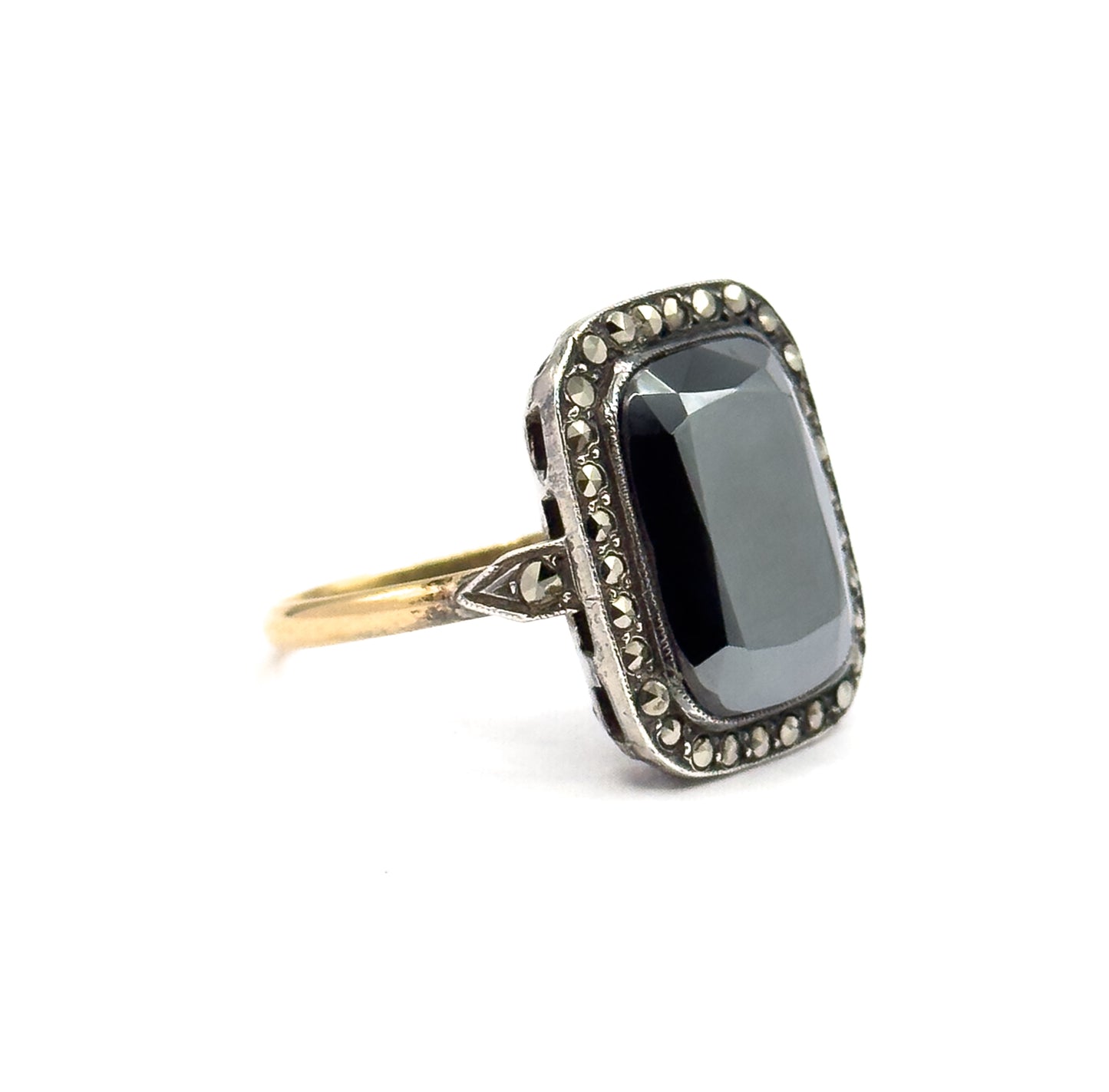 Art Deco Hematite & Marcasite Ring in Sterling Silver with gold shank, As found