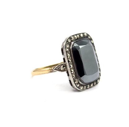 Art Deco Hematite & Marcasite Ring in Sterling Silver with gold shank, As found