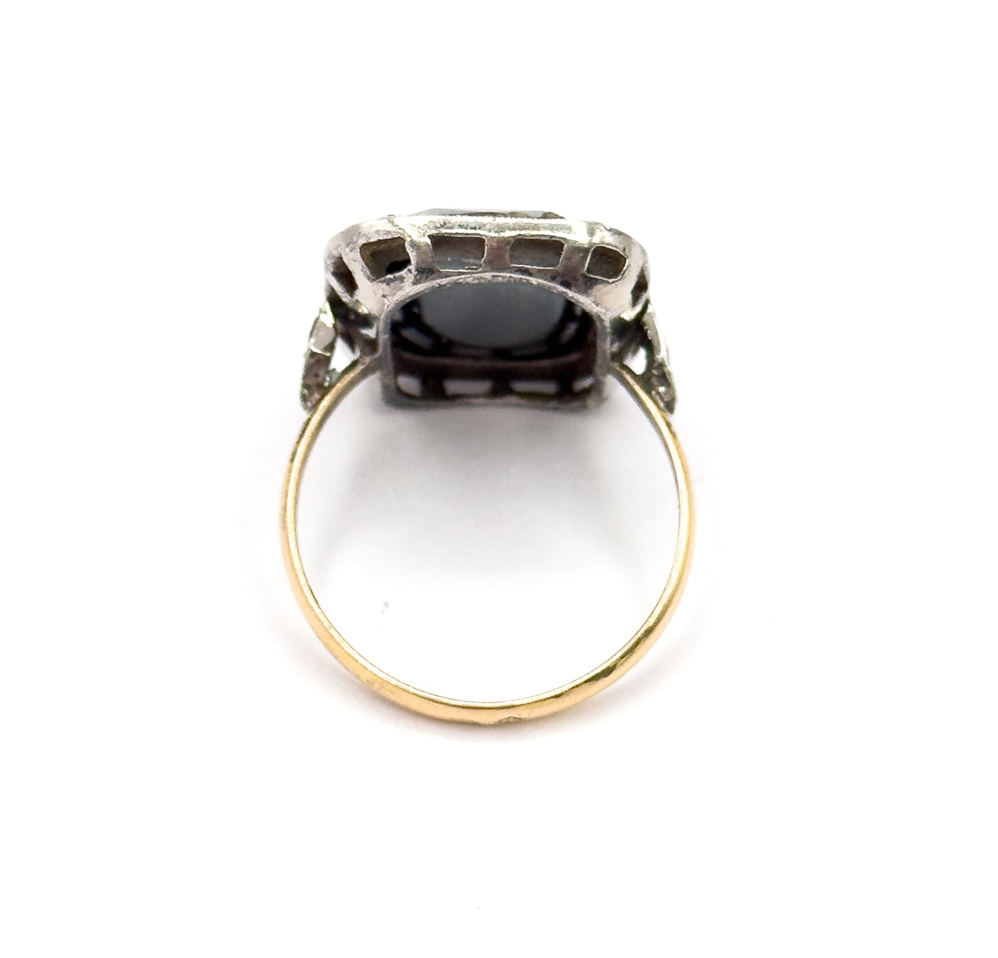 Art Deco Hematite & Marcasite Ring in Sterling Silver with gold shank, As found