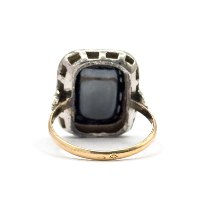 Art Deco Hematite & Marcasite Ring in Sterling Silver with gold shank, As found