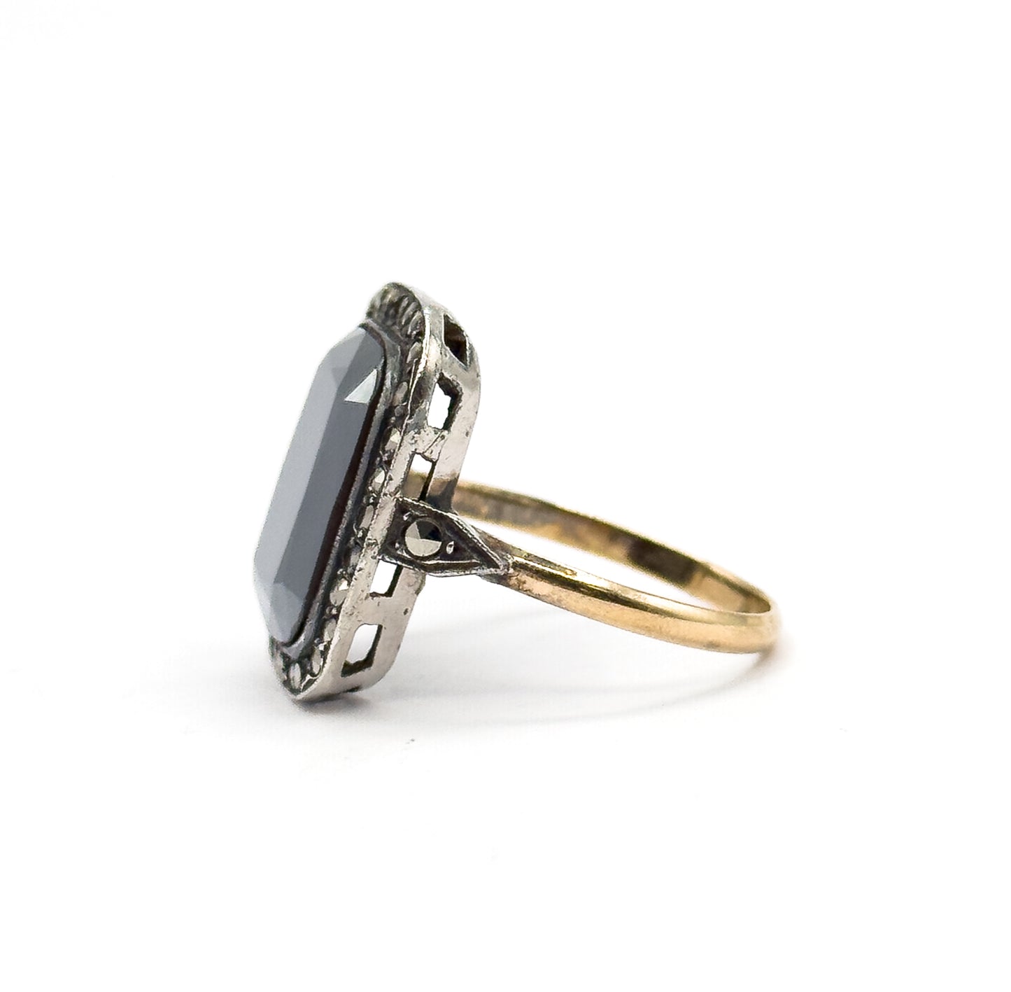 Art Deco Hematite & Marcasite Ring in Sterling Silver with gold shank, As found