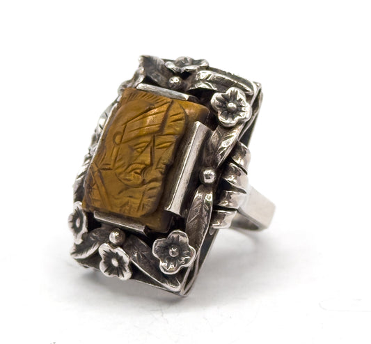 CHUNKY Vintage Handmade Tigers Eye Soldier Cameo Ring in Silver