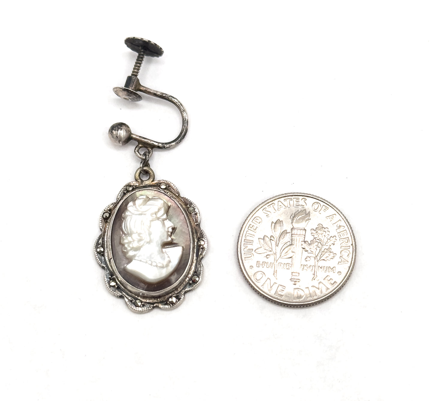 Vintage Abalone Shell Cameo Screw Back Earrings in Silver
