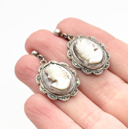 Vintage Abalone Shell Cameo Screw Back Earrings in Silver