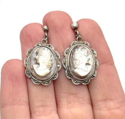 Vintage Abalone Shell Cameo Screw Back Earrings in Silver