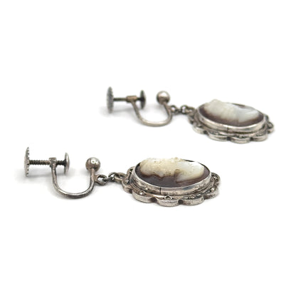 Vintage Abalone Shell Cameo Screw Back Earrings in Silver