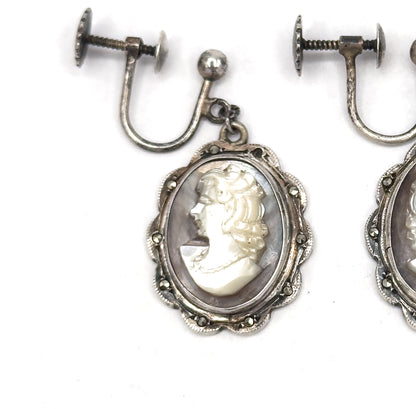 Vintage Abalone Shell Cameo Screw Back Earrings in Silver
