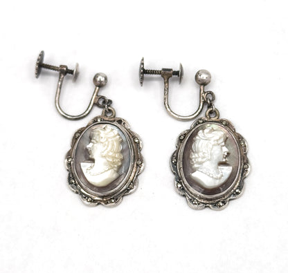 Vintage Abalone Shell Cameo Screw Back Earrings in Silver