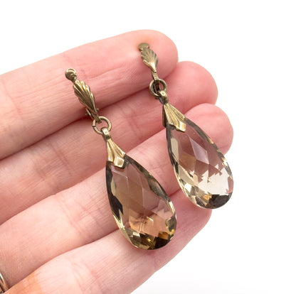 Mid-Century Smoky Quartz Drop Clip on Earrings