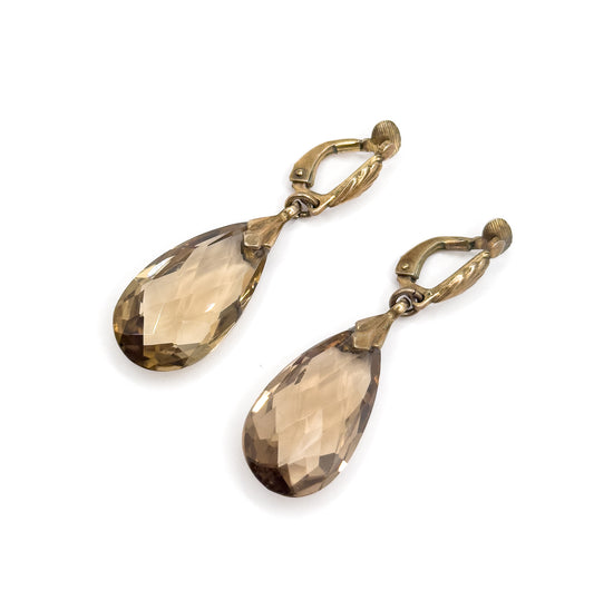Mid-Century Smoky Quartz Drop Clip on Earrings