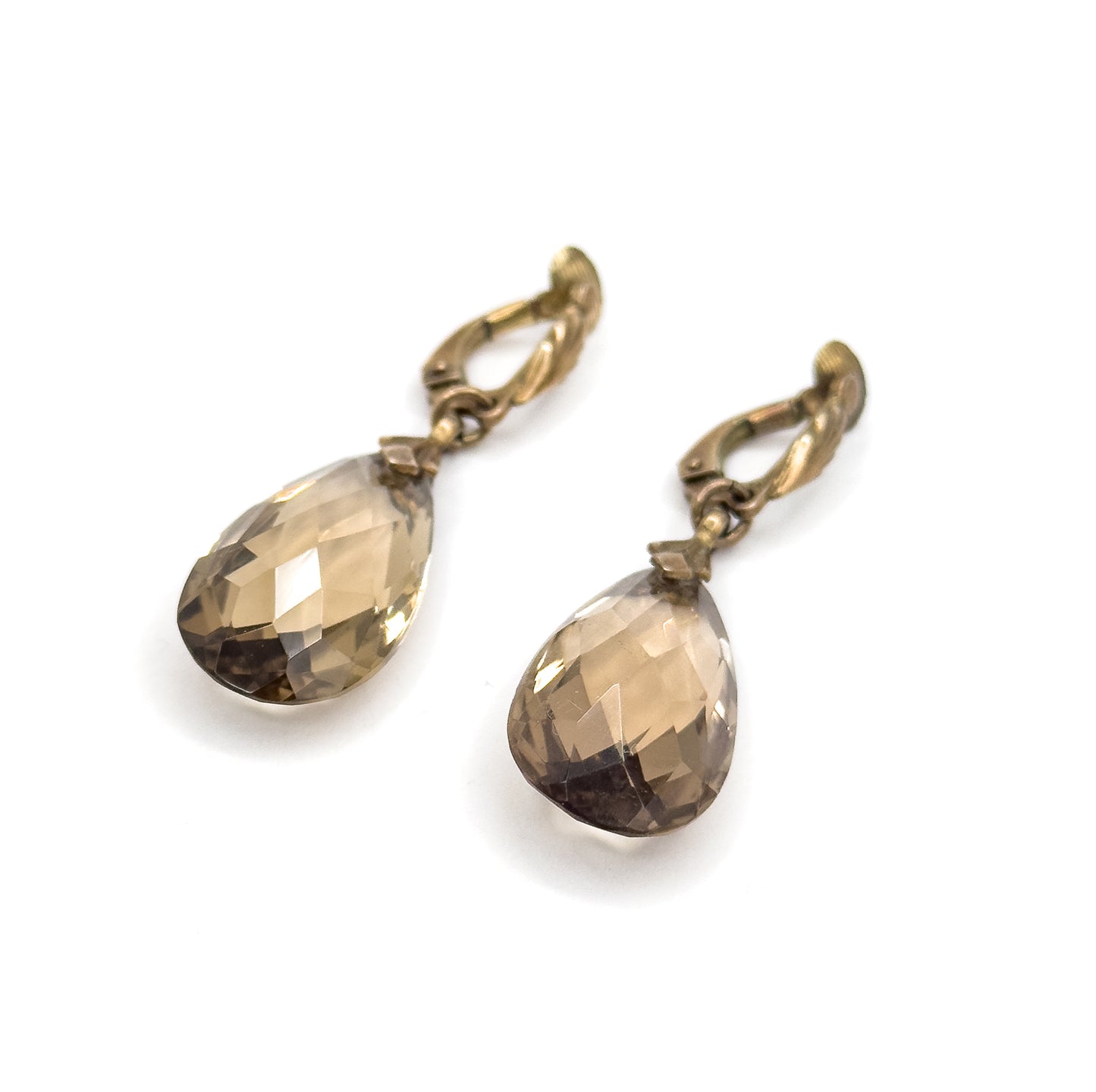Mid-Century Smoky Quartz Drop Clip on Earrings