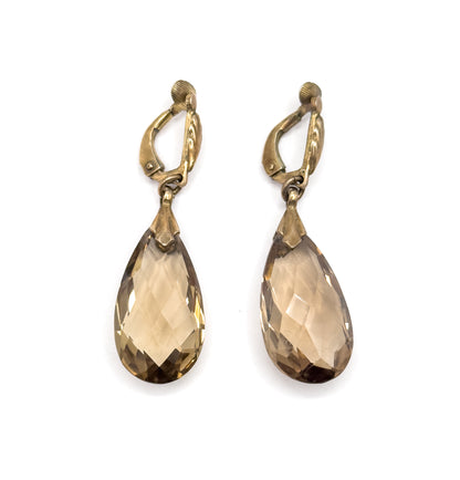 Mid-Century Smoky Quartz Drop Clip on Earrings