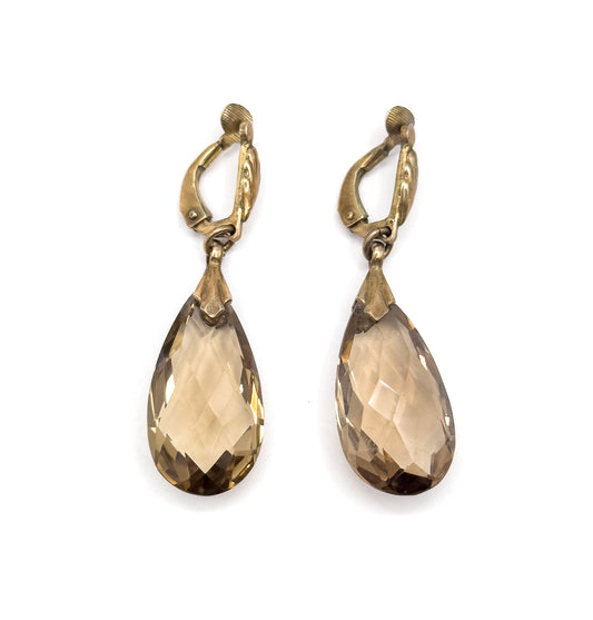 Mid-Century Smoky Quartz Drop Clip on Earrings