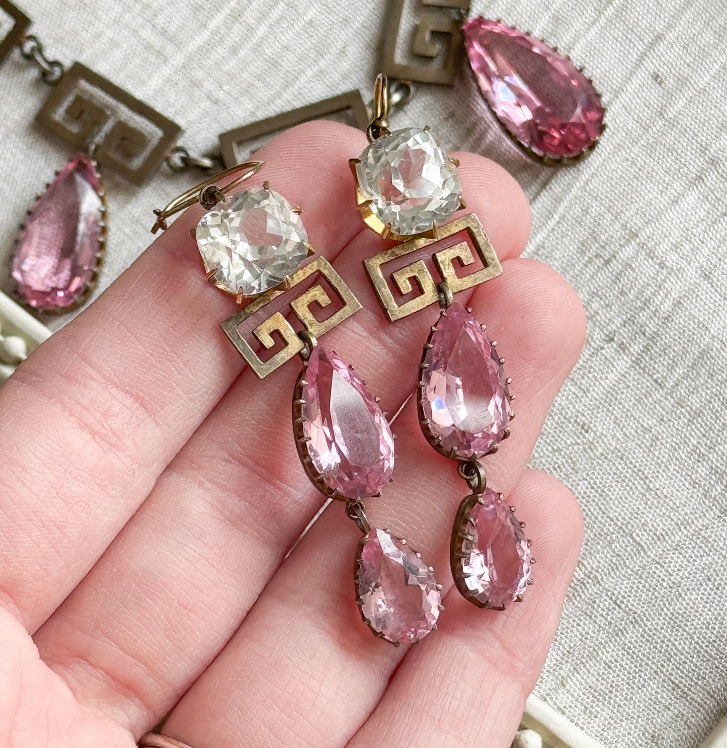 Exceptional Antique Pink Paste Costume Jewelry Earring & Necklace Set