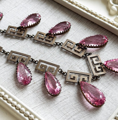 Exceptional Antique Pink Paste Costume Jewelry Earring & Necklace Set