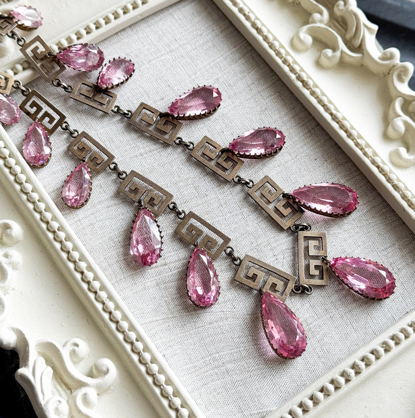 Exceptional Antique Pink Paste Costume Jewelry Earring & Necklace Set