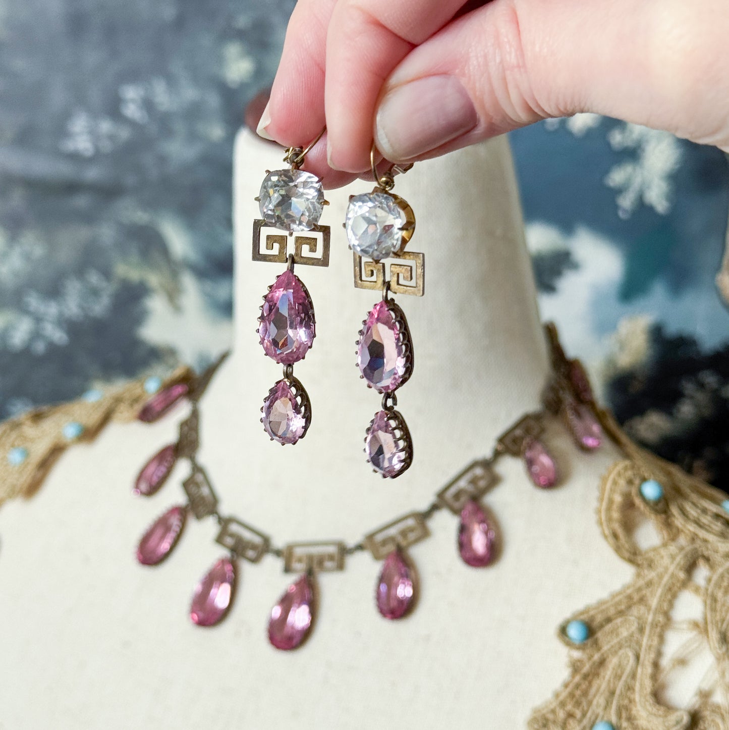 Exceptional Antique Pink Paste Costume Jewelry Earring & Necklace Set