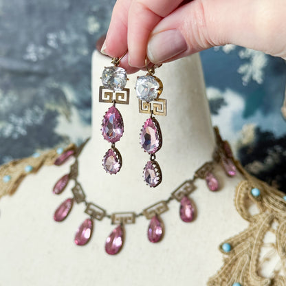 Exceptional Antique Pink Paste Costume Jewelry Earring & Necklace Set