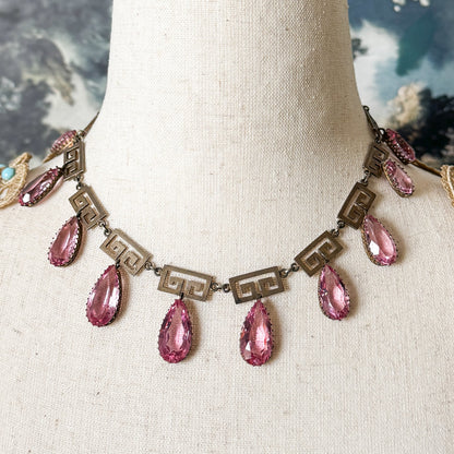 Exceptional Antique Pink Paste Costume Jewelry Earring & Necklace Set