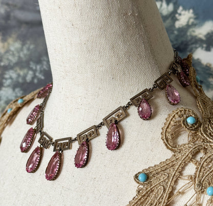 Exceptional Antique Pink Paste Costume Jewelry Earring & Necklace Set