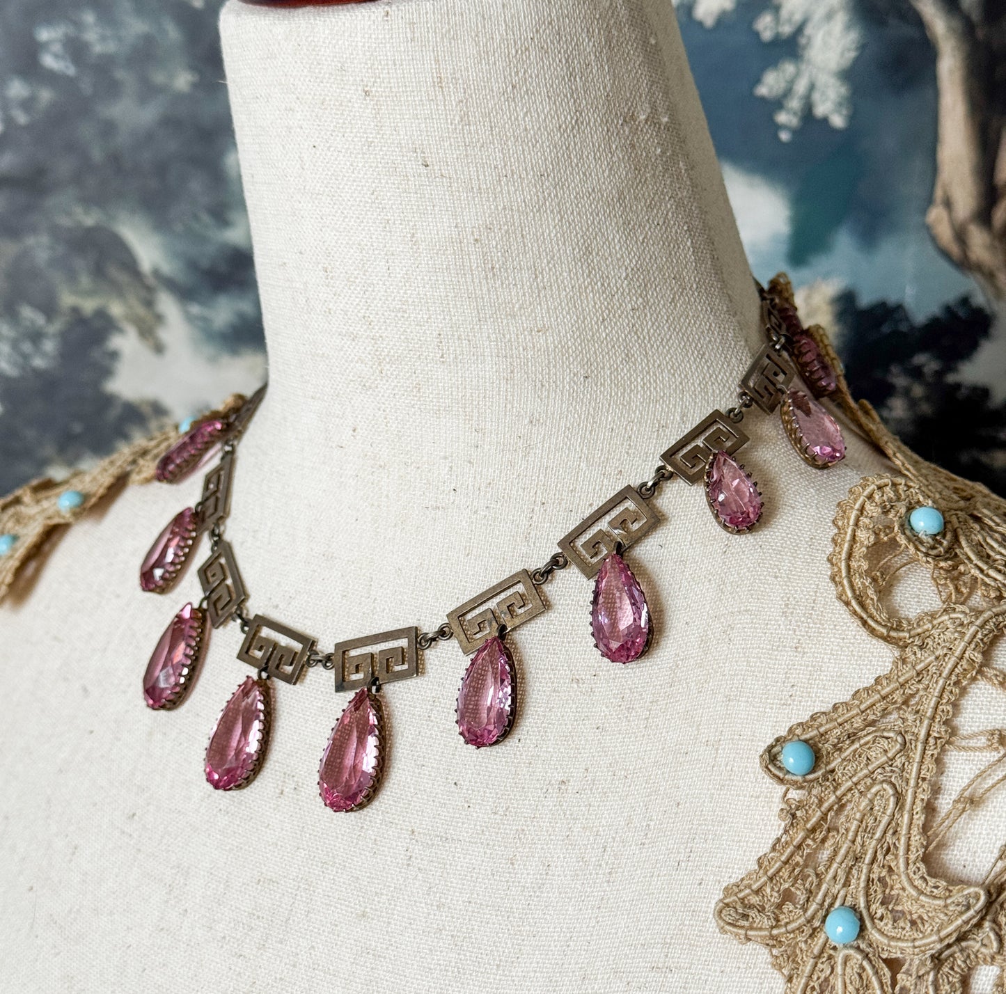 Exceptional Antique Pink Paste Costume Jewelry Earring & Necklace Set