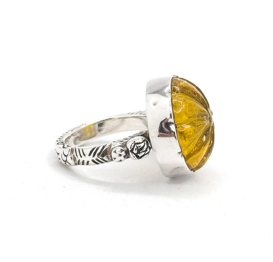 Vintage Yellow Glass Pumpkin Ring in Silver