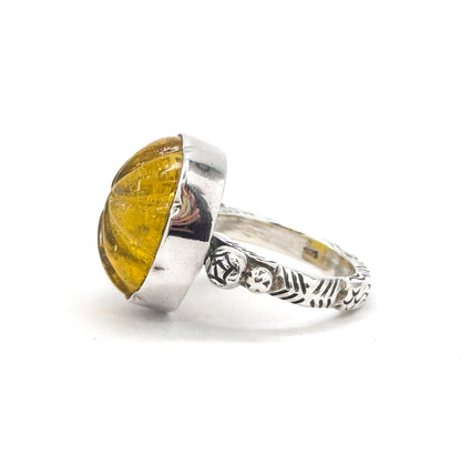 Vintage Yellow Glass Pumpkin Ring in Silver
